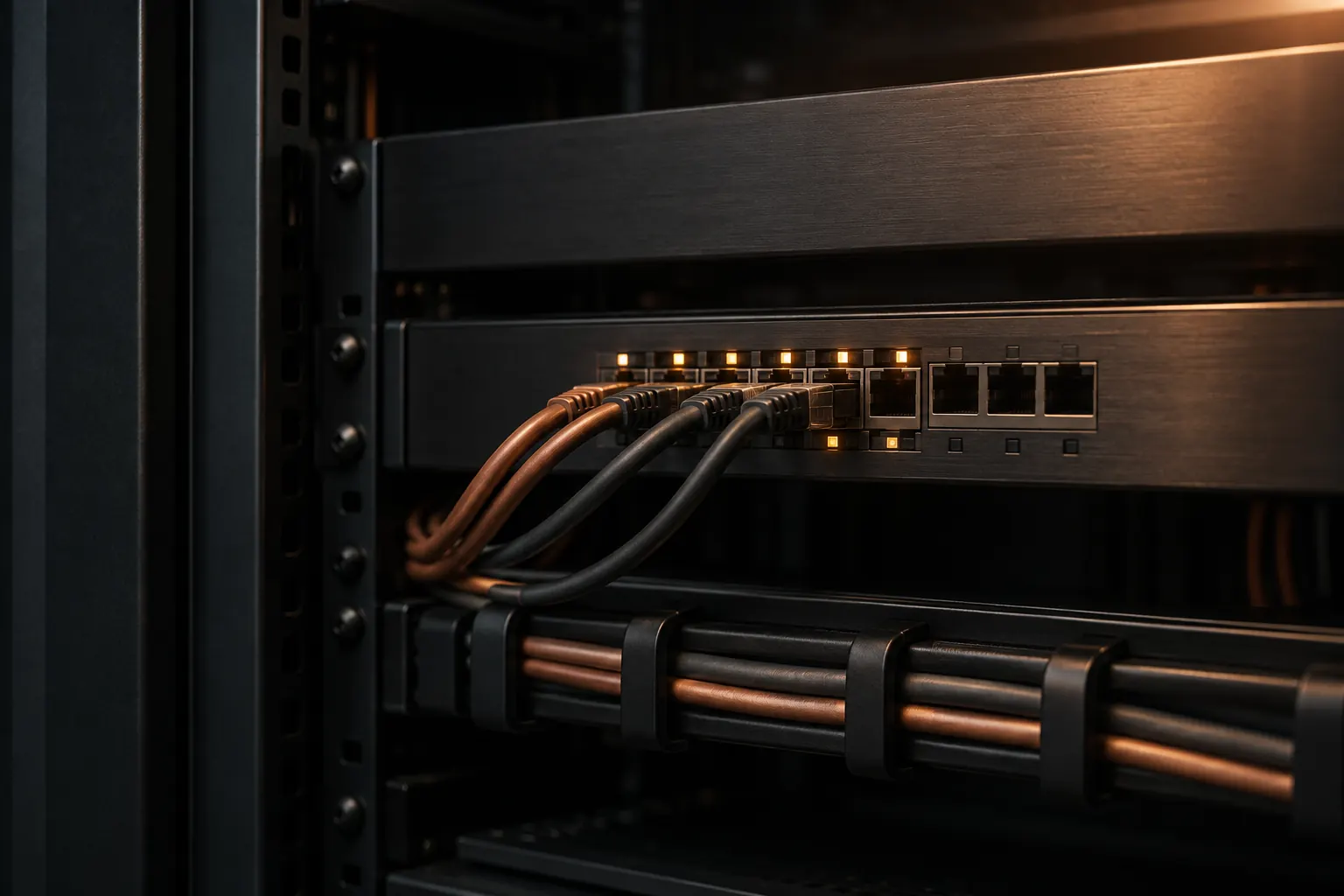 Aufgeräumter Netzwerkschrank mit Switch und Patchkabeln, Statusleuchten in Bernstein
