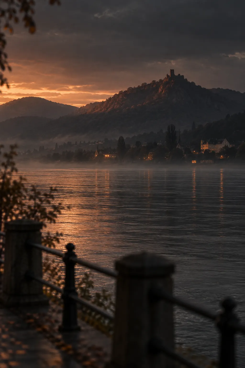 Abendstimmung am Rhein mit Blick auf die Hügel des Siebengebirges